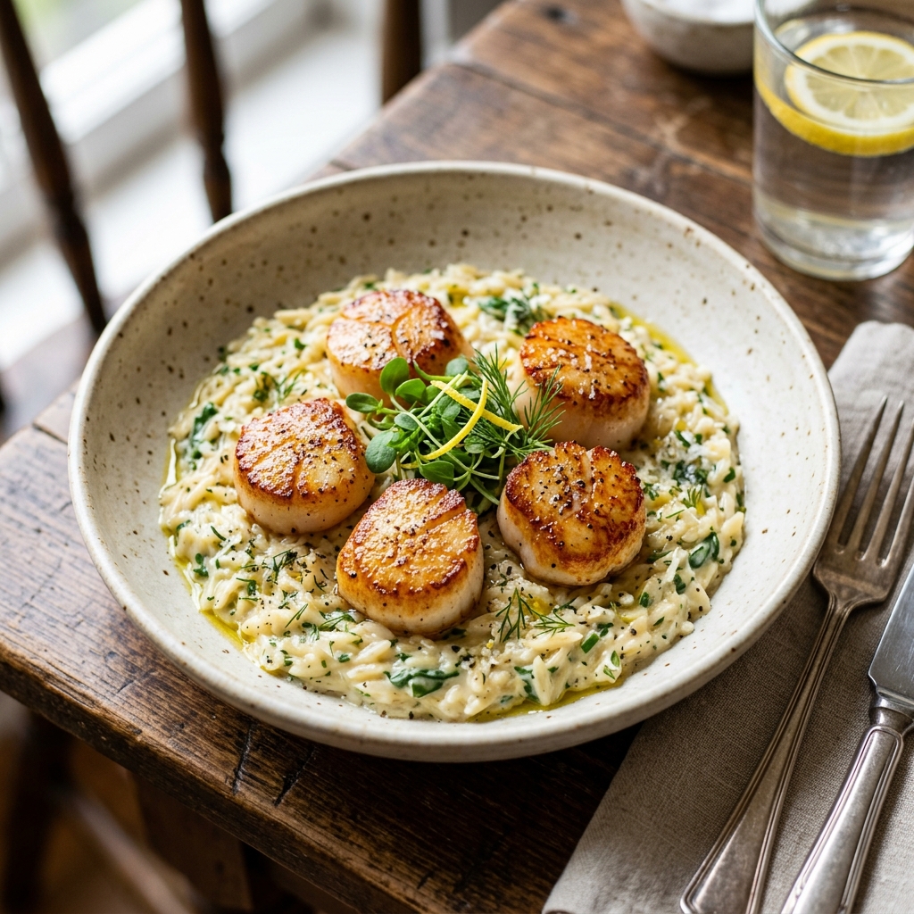 Creamy Lemon & Herb Orzo with Seared Scallops
