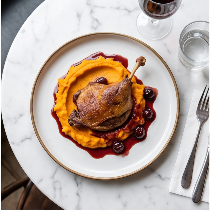 Crispy Duck Leg with Sweet Potato Mash & Cherry Glaze